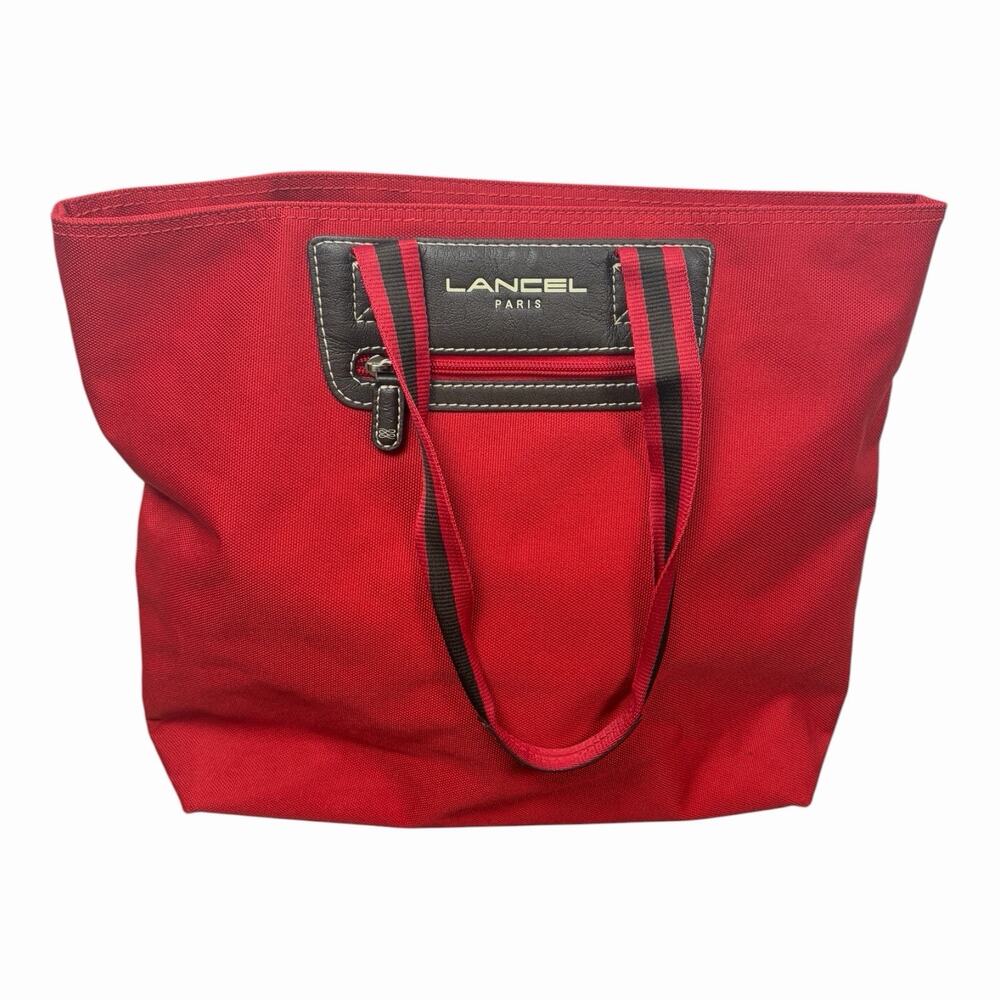 Lancel Paris Red Nylon Tote Bag Black Leather Trim Striped Handles Large